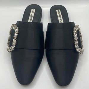 Karl Lagerfeld, black satin mule with crystal embellishment, size 9